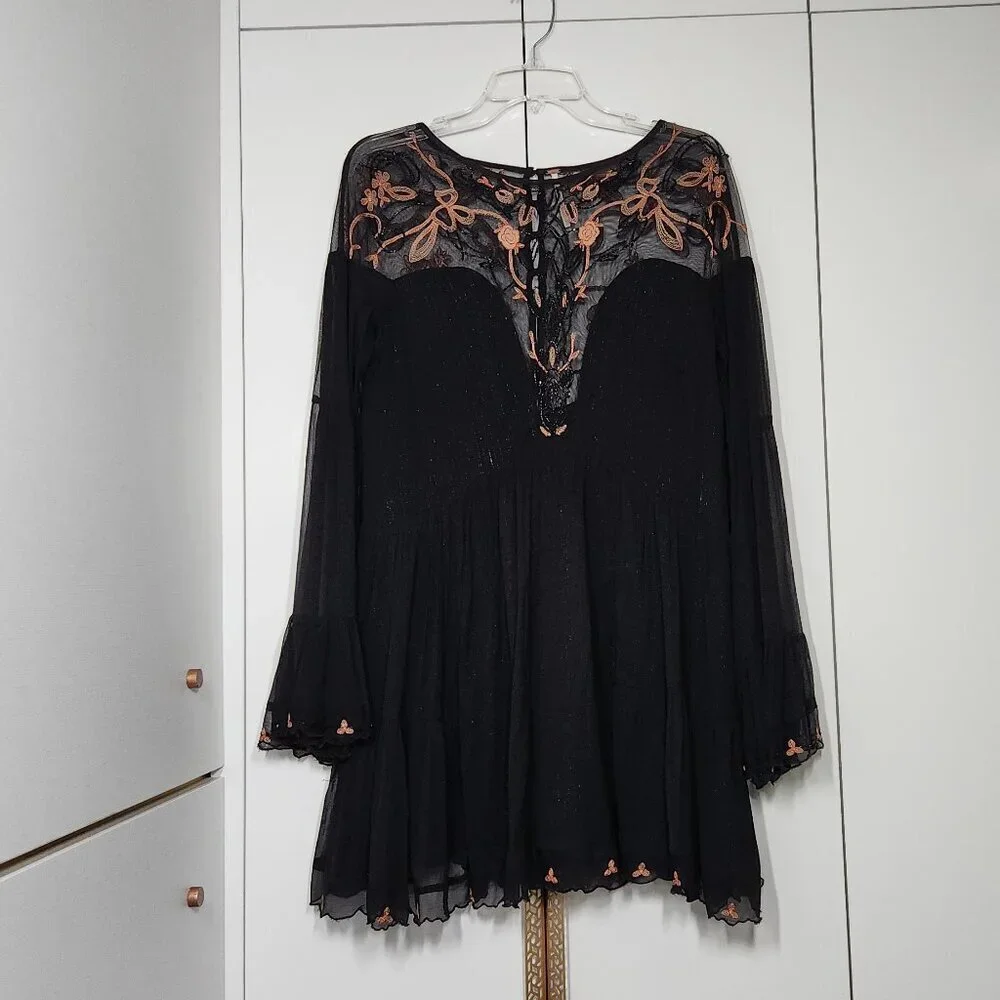 Free People Beaded Panama City Mini Dress Women's Size S Black